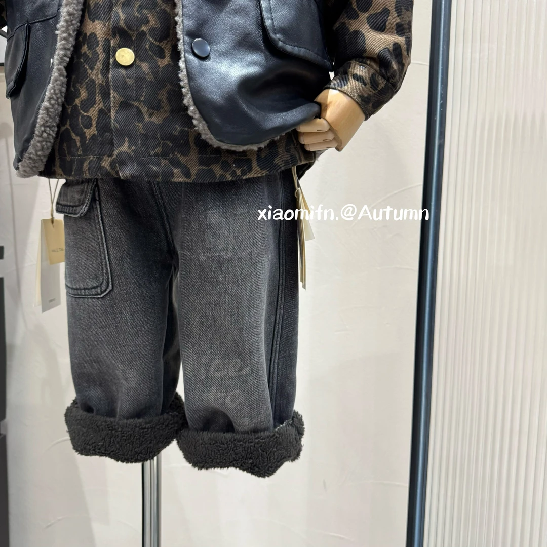现货〃复古做旧牛仔长裤男儿童2024秋冬时尚拼接加绒洋气童装34250