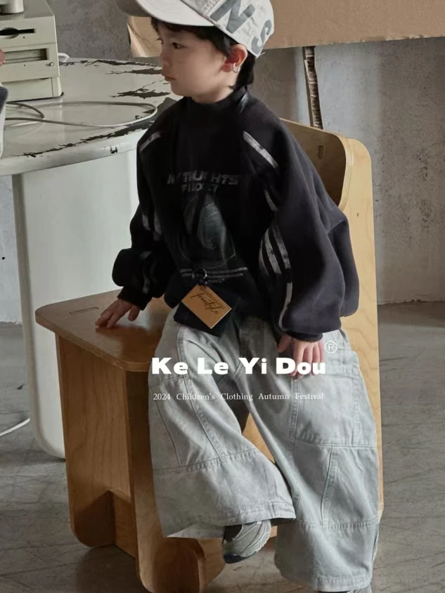 现货〃潮牌拼接袖韩版男童2024秋冬款印花洋气儿童卫衣潮酷痞帅029
