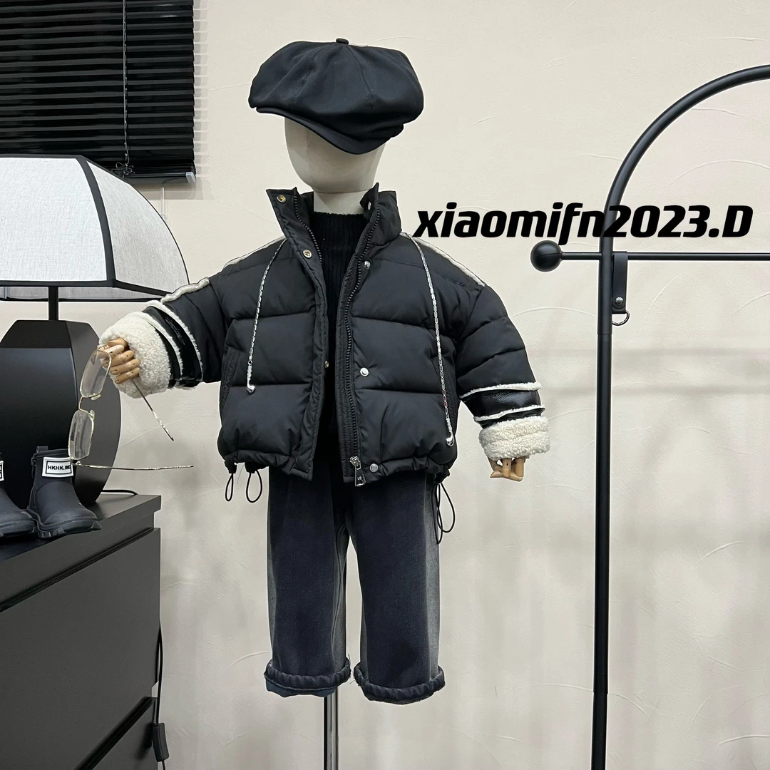 现货~韩版男童2023冬季新款重工拼接皮衣儿童棉服外套8107