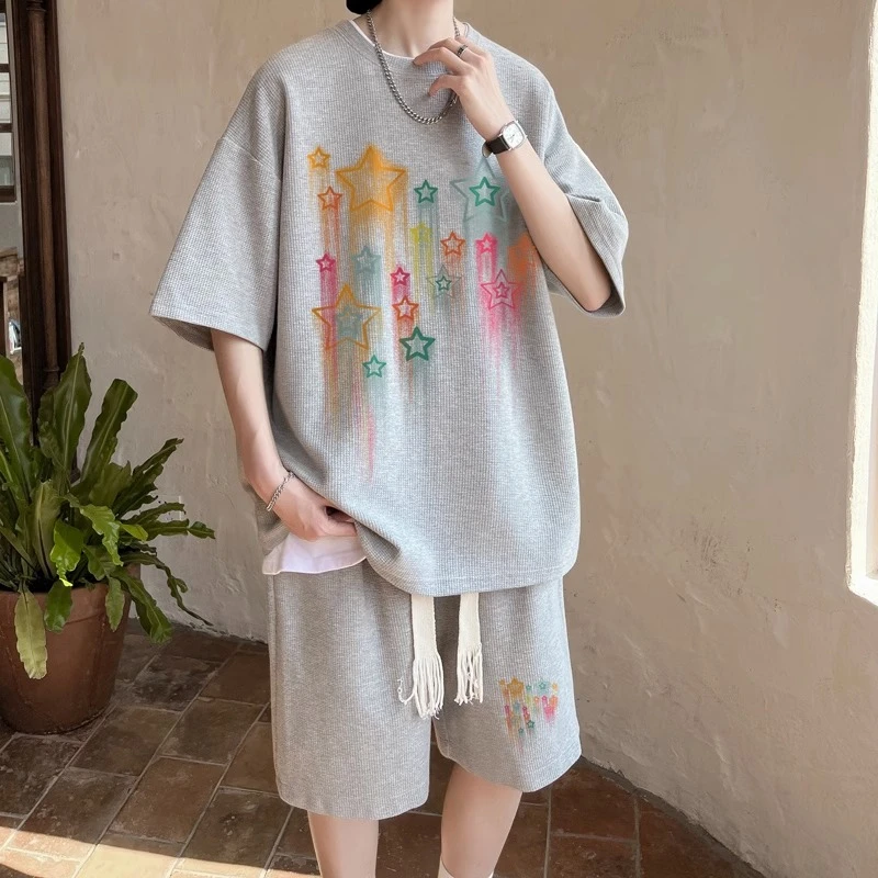 仓石一树华夫格休闲运动T恤男夏季潮牌宽松大码帅气短袖短裤套装