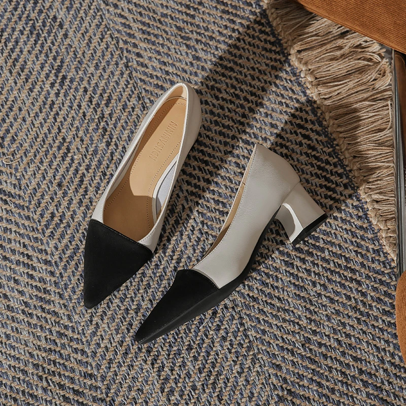粗跟小羊皮光面拼色女鞋新款粗跟单鞋女高跟尖头浅口跟鞋百搭气质