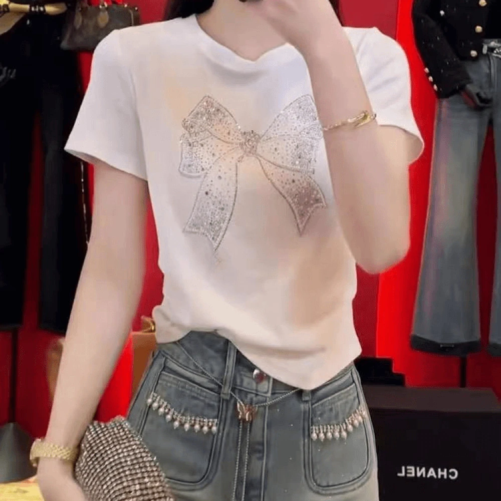 欧洲站夏季气质时尚烫钻蝴蝶结图案宽松短袖打底T恤女内搭半袖tee