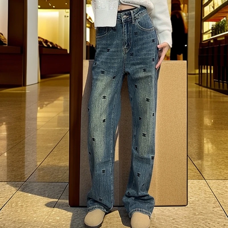 欧洲站加绒保暖冬季新款全身植绒字母牛仔直筒裤大长腿拖地裤时髦