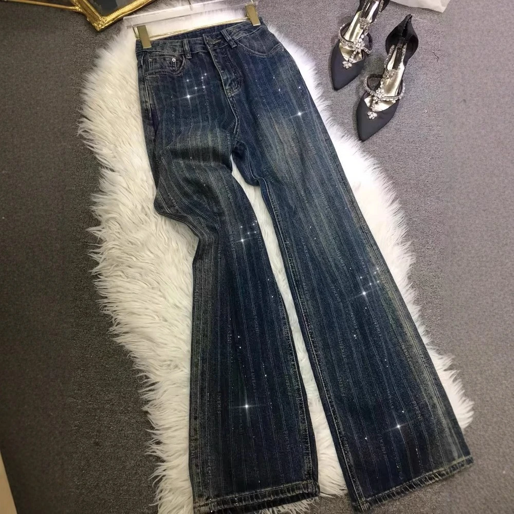 重工烫钻牛仔裤女直筒裤2024年秋季新款高腰宽松显瘦欧货拖地长裤