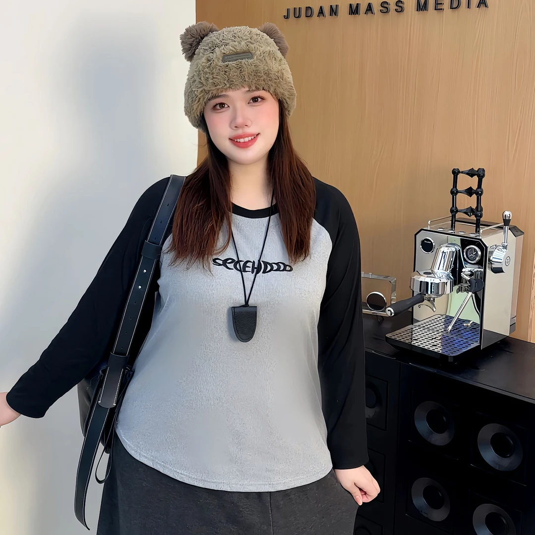 减龄大码刺绣长袖T恤女春秋时尚百搭显瘦遮肉微胖内搭打底衫上衣