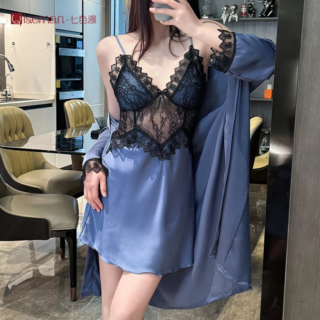 蕾丝诱惑显瘦冰丝睡裙套装性感吊带带胸垫睡衣春夏私房女士家居服