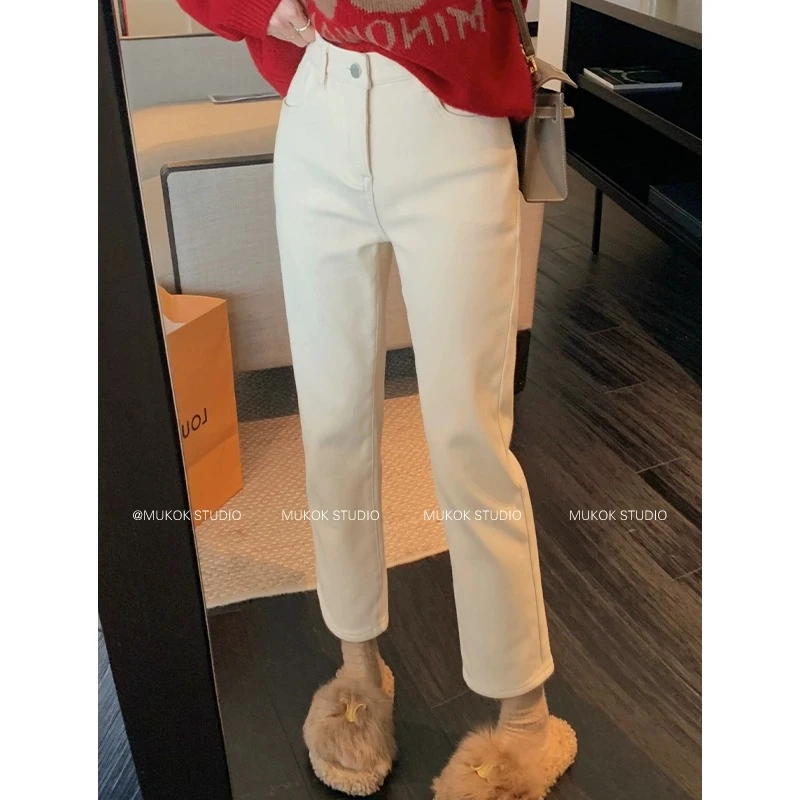 杏色小个子牛仔裤女九分烟管秋冬加绒新款修身高腰显瘦法棍裤潮流