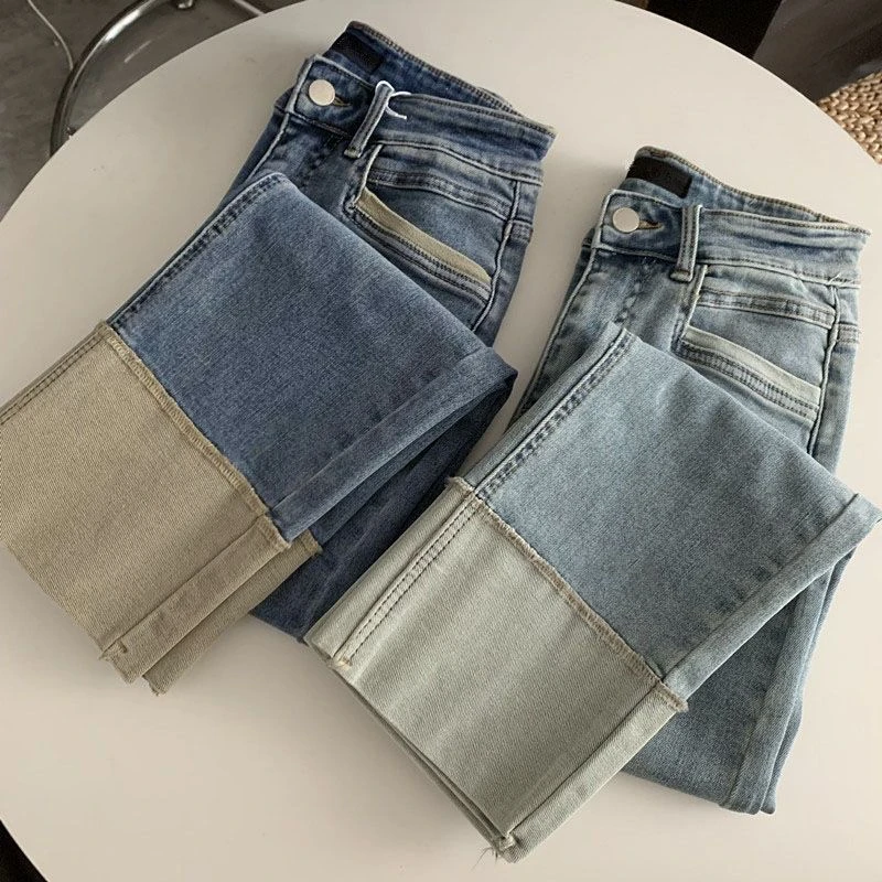 拼接撞色直筒牛仔裤女九分2025早秋季新款复古做旧复古蓝烟管裤子