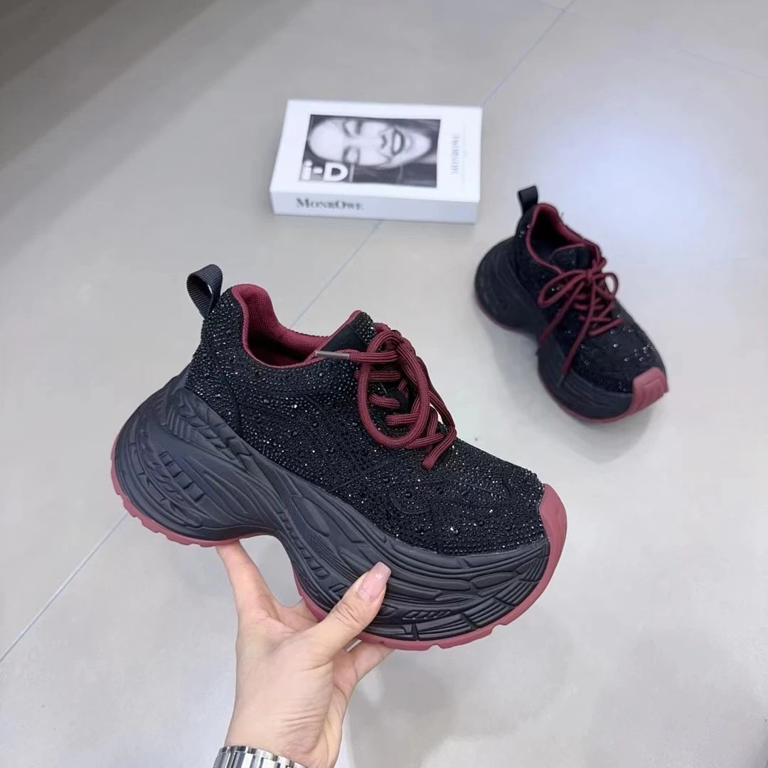 SEN JIU【森九】网红ins走秀休闲满钻复古老爹鞋女厚底运动安哥拉红