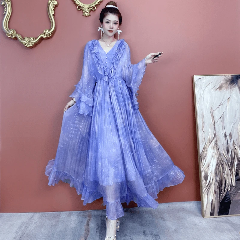 夏季新款通勤连衣裙女V领法式收腰七分袖度假裙