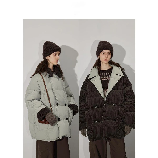 原创设计女装[文艺]冬季中长款双面穿灯芯绒泡芙羽绒服女