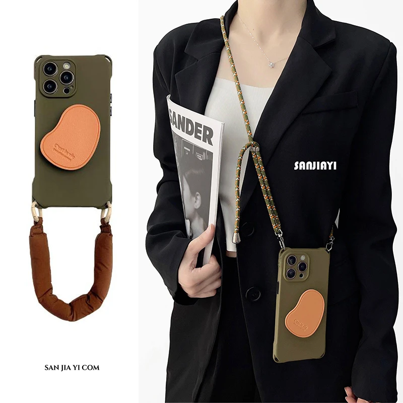 三加一原创斜挎手机壳15plus棕色皮质支架13适用iPhone14promax