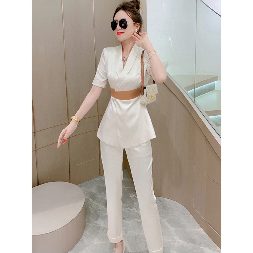 2025年夏季新款缎面西装套装女薄款九分裤气质短袖职业两件套高端