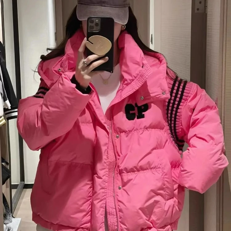 欧货2025秋冬新款设计感小众针织拼接白鸭绒羽绒服女连帽外套减龄