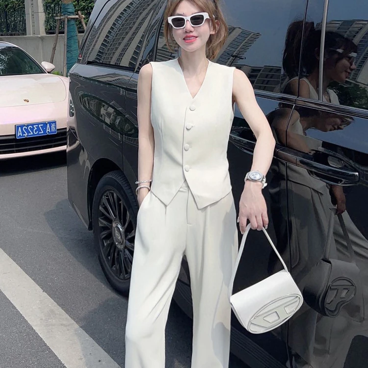 欧货2025夏季新款时尚英伦风无袖马甲西装套装女阔腿裤两件套修身