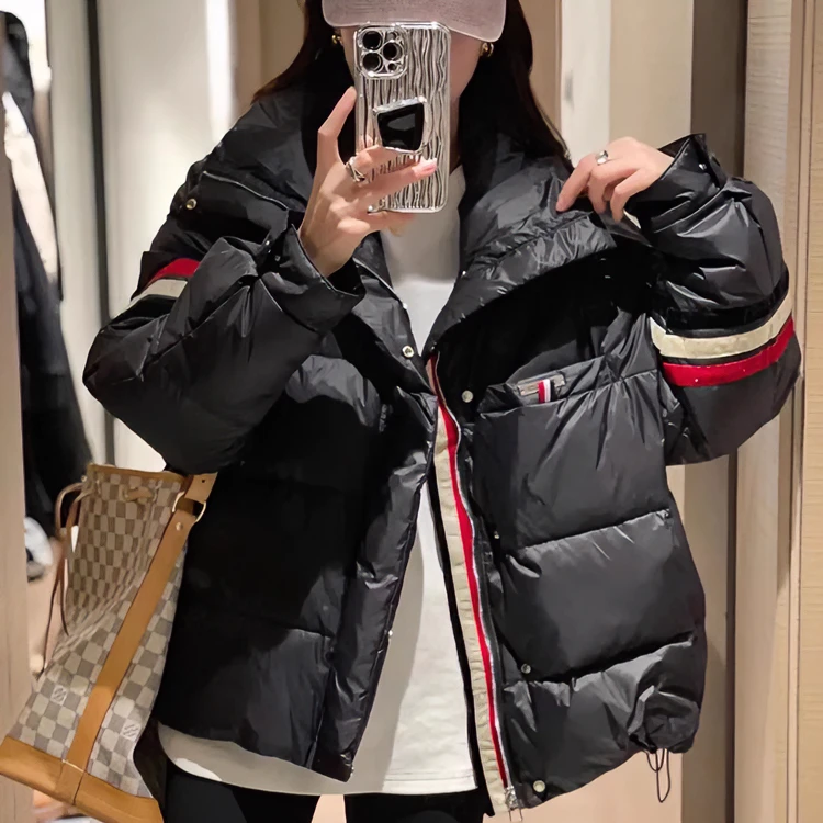 欧货2025冬季条纹90白鸭绒羽绒服女小个子短款外套立领亮面黑色
