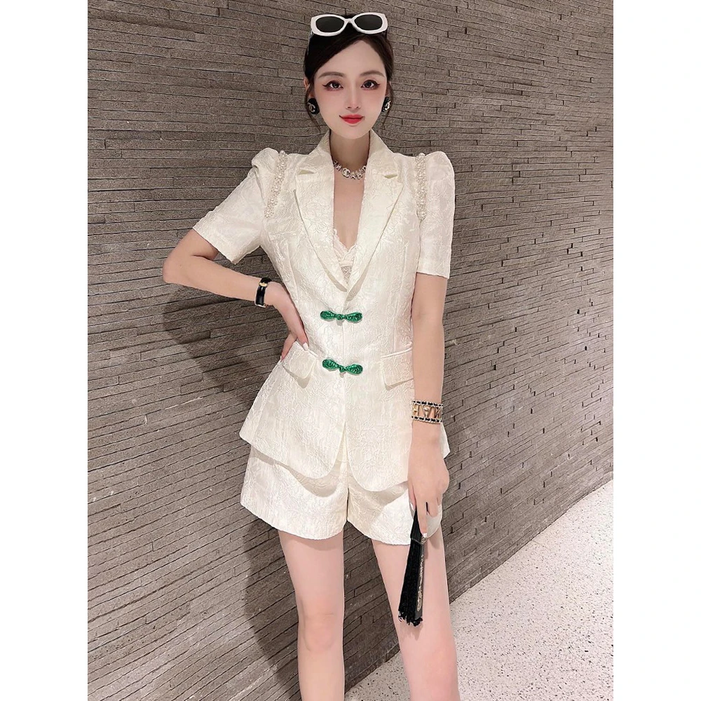 2025夏季新款气质小个子高端提花西装套装女短裤两件套设计感小众