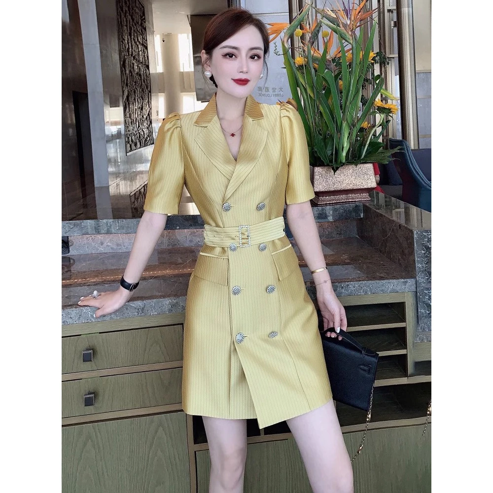 2025年夏季新款女神范气质收腰西装裙女条纹短袖小个子连衣裙高端