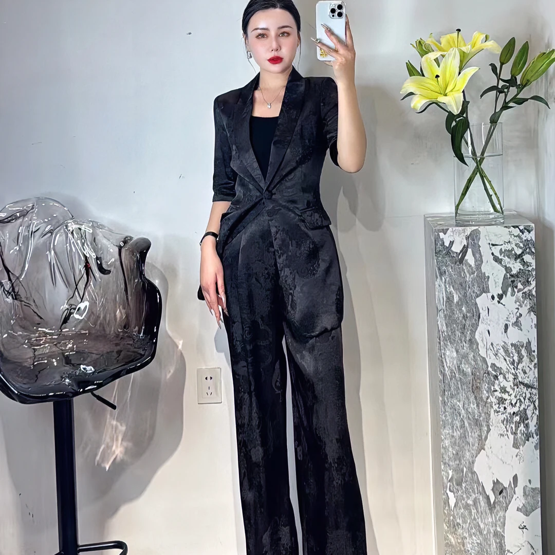 2025春秋新款高级感时尚提花醋酸收腰西装套装女阔腿裤正装两件套