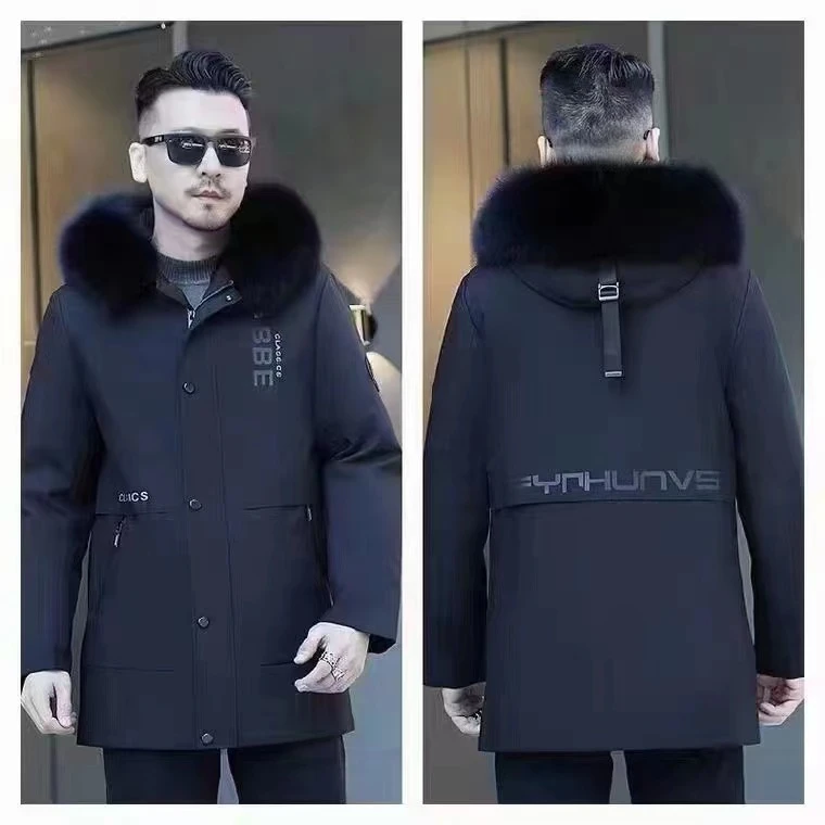 QIYONGHANG/柒永航男士中长款派克服可拆卸大毛领兔毛袖商务休闲