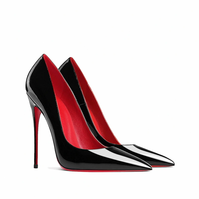 女士欧美浅口超高跟鞋红底尖头性感黑色12cm气质细高跟单鞋10cm