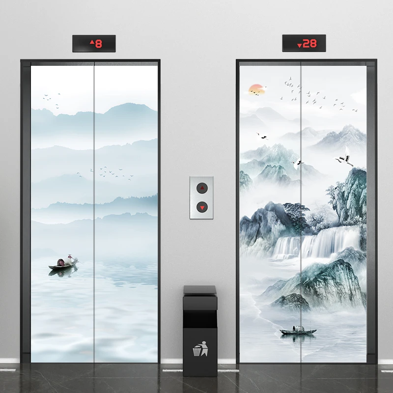 中国风电梯门贴纸水墨画电梯贴电梯门翻新装饰美化防水自粘贴定制
