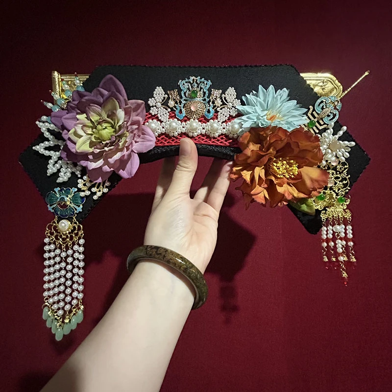 清朝旗头大拉翅流苏花朵大清后宫嫔妃发簪流苏步摇凤凰发饰品