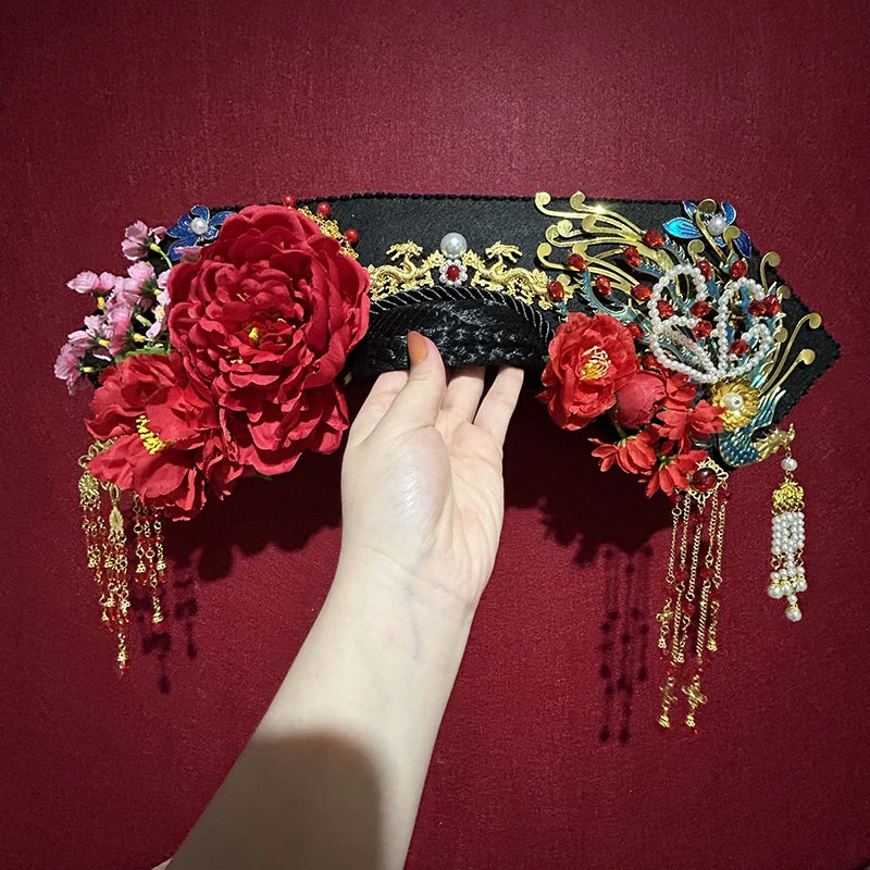 古装头饰清朝旗头大拉翅花朵古风大清皇宫格格旗头发饰品流苏步摇