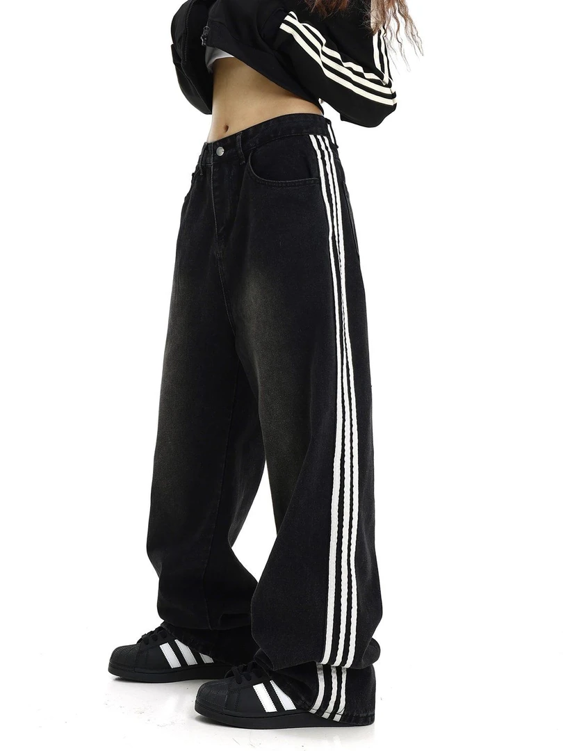 大码国潮复古三道杠条纹牛仔裤女秋冬高街显瘦宽松垂感拖地长裤潮