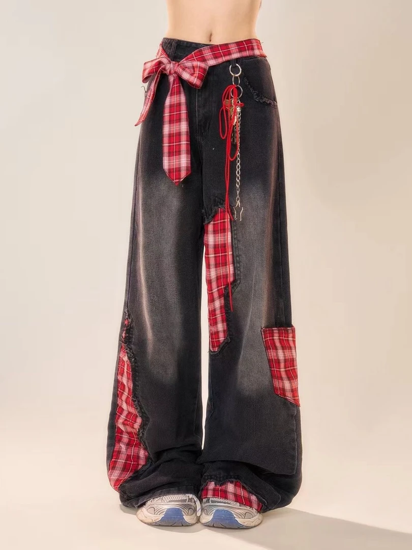 黑灰色蝴蝶结绑带拼接牛仔裤女2024秋冬季格子补丁设计宽松阔腿裤