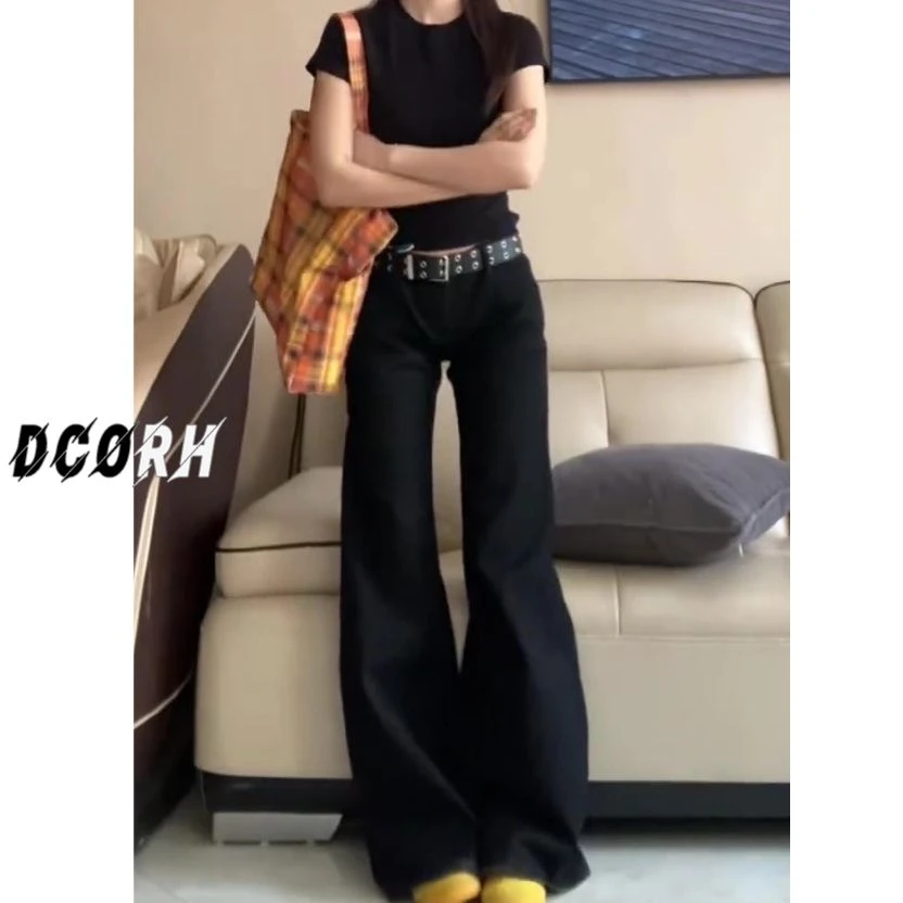 大码黑色水洗微喇阔腿牛仔裤女春夏美式辣妹低腰宽松垂感拖地长裤