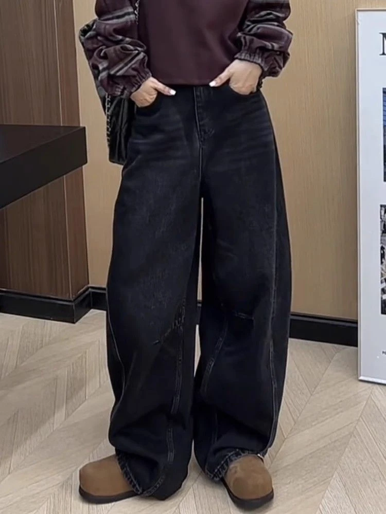 大码美式复古水洗弯刀牛仔裤女2025新款宽松遮肉高腰阔腿垂感长裤