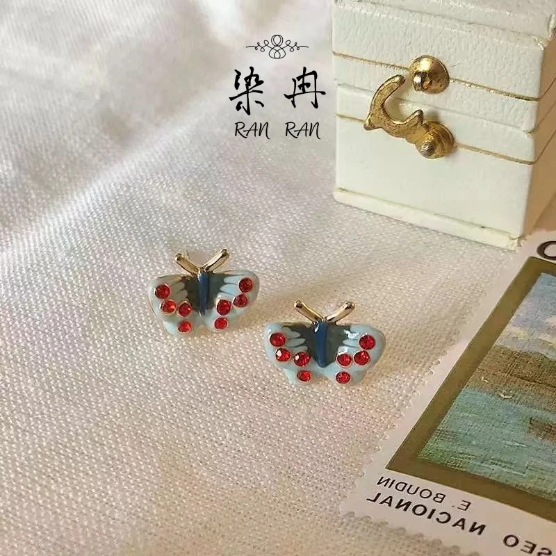铜合金珐琅耳饰 【蓝色蝴蝶岛】气质百搭少女复古红色小众圣诞C-106