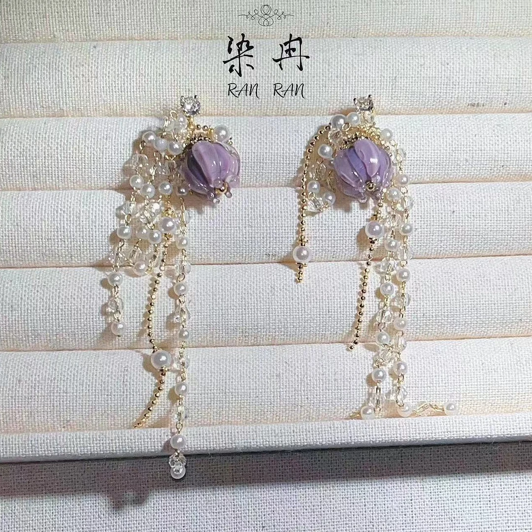 铜合金耳饰 【藤萝花海】耳钉古风长流苏耳坠紫色铃兰高级耳饰C11