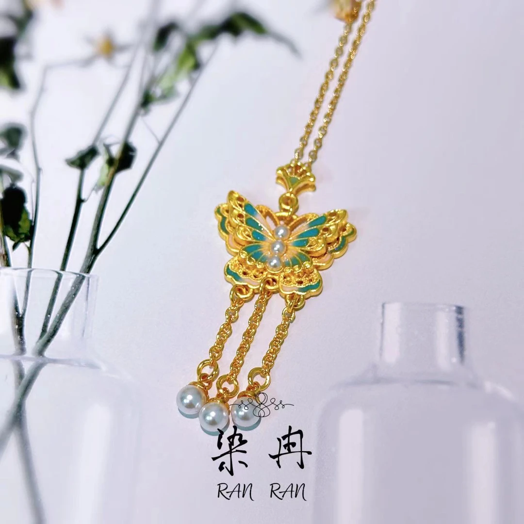 铜合金项链 【幽梦蝶生】蝴蝶手工时尚复古古风古法仙女烧蓝B44