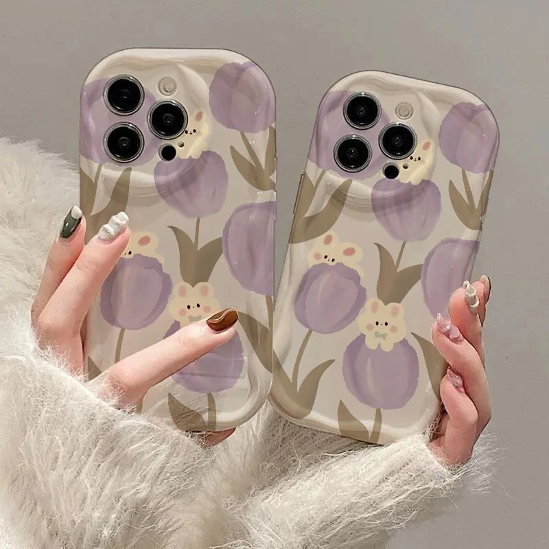 郁金香上的兔子iphone15苹果/华为vivo创意OPPO奶油纹小米手机壳