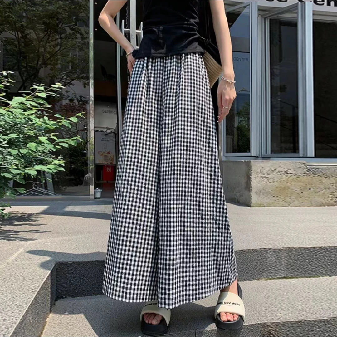 夏季新款松紧腰A字版型慵懒风百搭洋气宽松九分女士阔腿裙裤