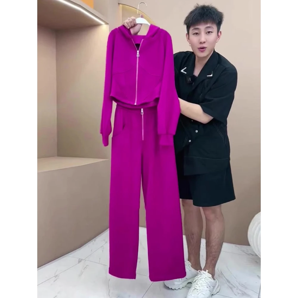 秋装2024新款多巴胺穿搭玫红色拉链运动开衫阔腿休闲裤两件套装女