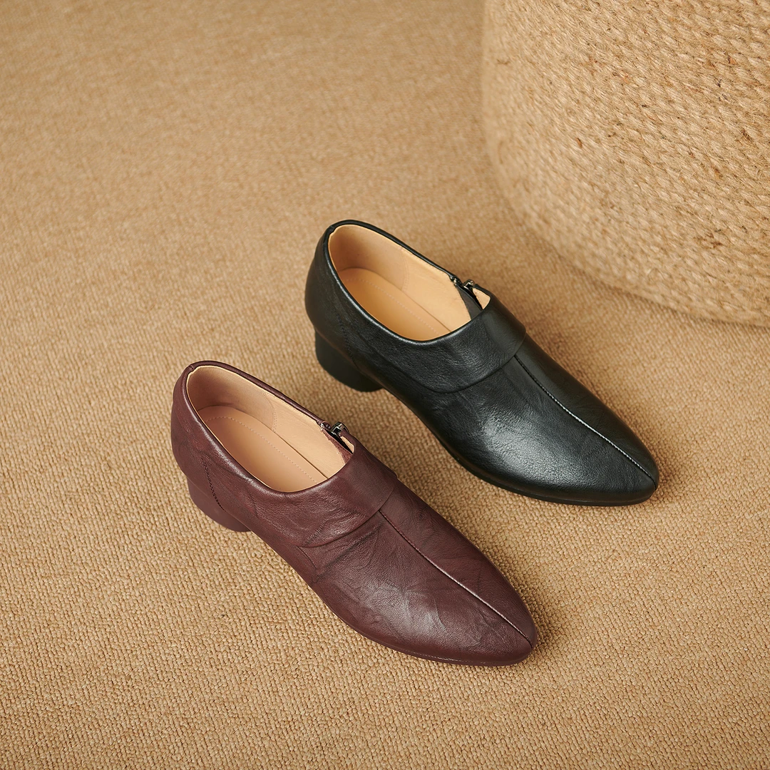 4厘米舒适圆头真单鞋皮软底复古妈妈鞋平底春秋粗跟英伦风中跟