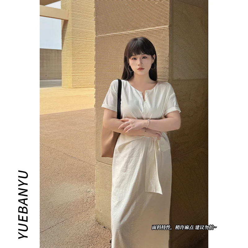 月半鱼现货【山月记】高级感圆领连衣裙气质腰部扭结设计显瘦长裙