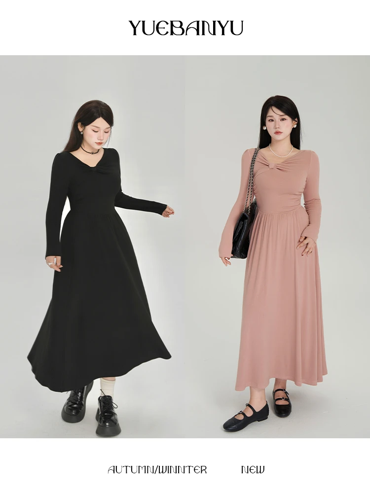 月半鱼【美神降临】设计纽结不规则斜肩连衣裙高级小众设计长裙秋季