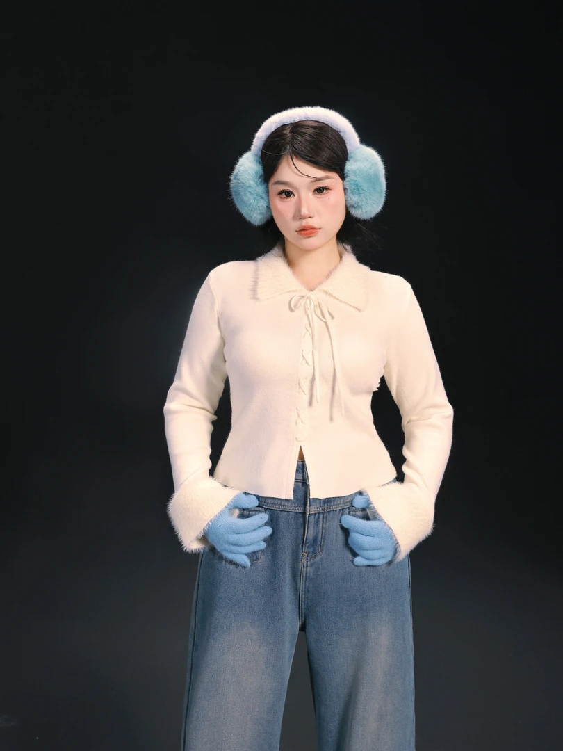 月半鱼【云朵慕斯】红人上新绑带坑条纹针织衫冬季显瘦内搭打底上衣