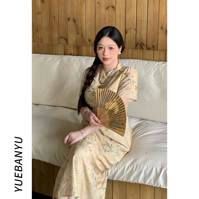 月半鱼【南柯】新中式印花连衣裙女夏新款短袖收腰显瘦改良旗袍裙