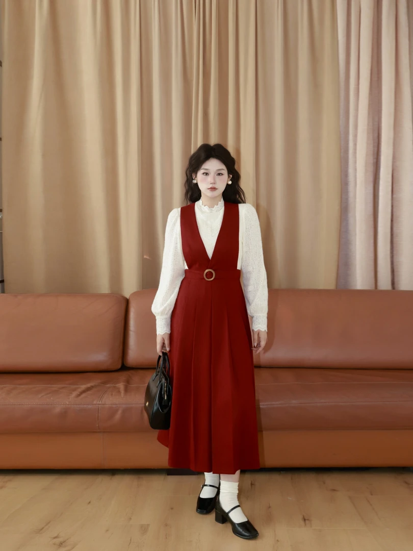 月半鱼【沙伦玫瑰】法式红色背带裙女秋冬复古显瘦气质百搭连衣长裙