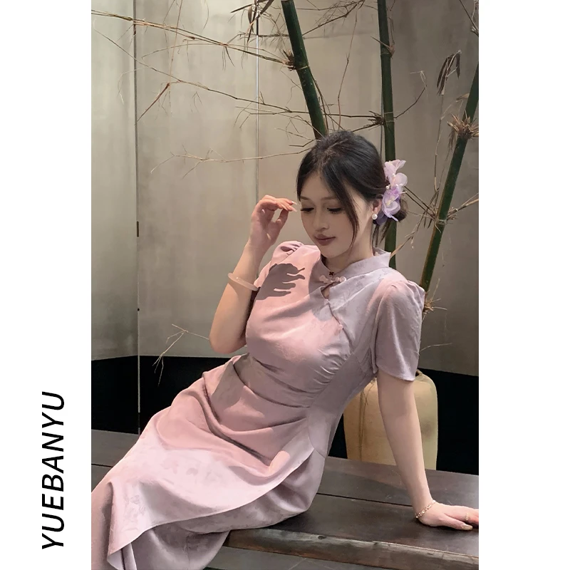 月半鱼现货【紫韵】国风新中式改良旗袍紫色提花收腰显瘦汉服连衣裙