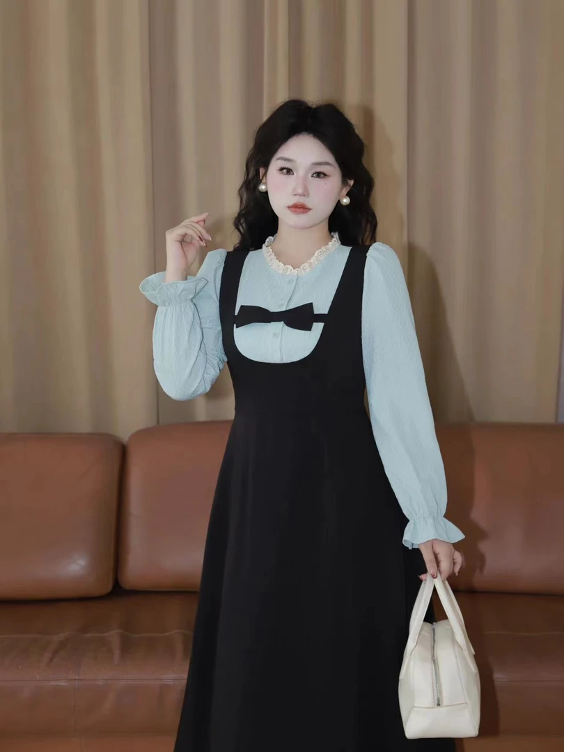 月半鱼【北海道恋人】黑色假两件连衣裙秋季气质显瘦撞色设计连衣裙