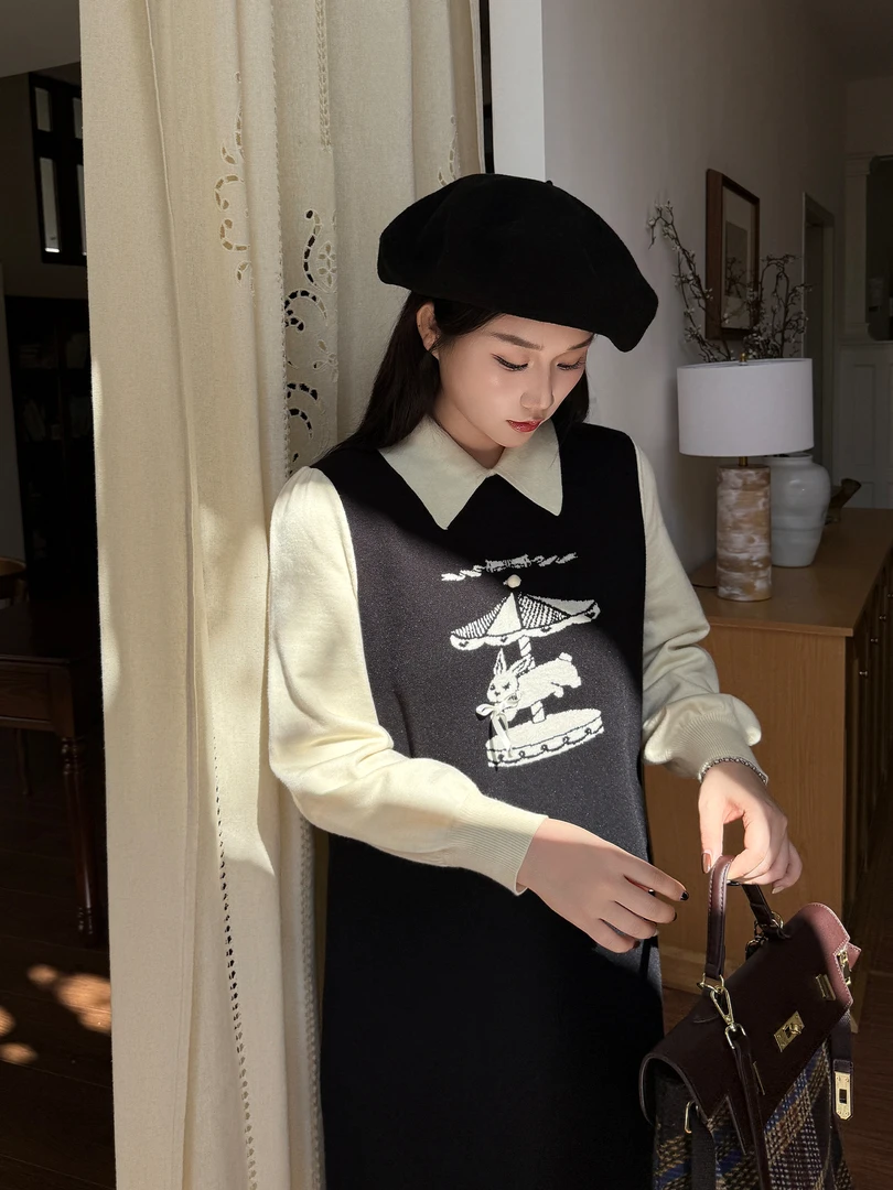 月半鱼【旋转小兔】甜美温柔风假两件连衣裙新款长袖套百搭针织裙