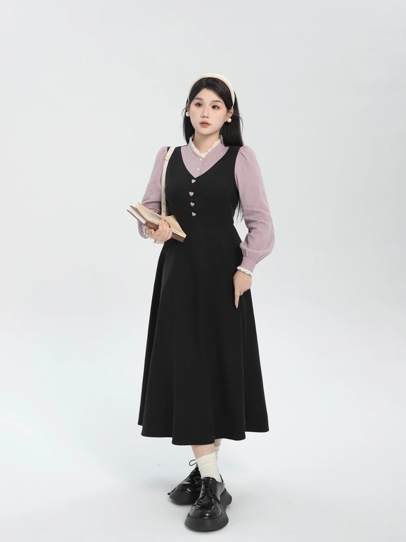 月半鱼【虞美人】秋季法式黑紫色假两件长袖连衣裙女显瘦长裙子