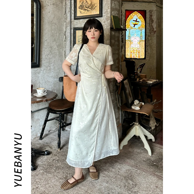 月半鱼现货【罗曼蒂】暗纹印花连衣裙收腰复古短袖V领系带连衣裙女