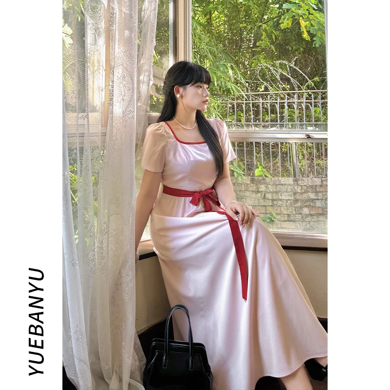 月半鱼【你的礼物】奶油粉少女系带蝴蝶连衣裙女短袖夏季高腰裙子